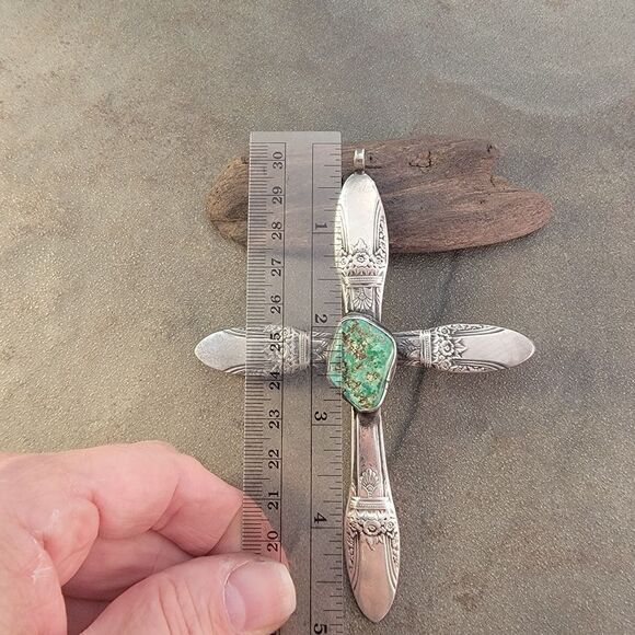 Huge Vintage Sterling Turquoise Antique Silverware Cross Pendant - Picture 9 of 10